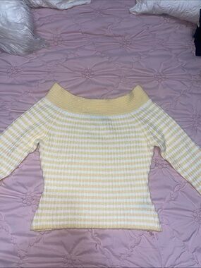 Derek Heart Yellow and White Striped Off-Shoulder Sweater